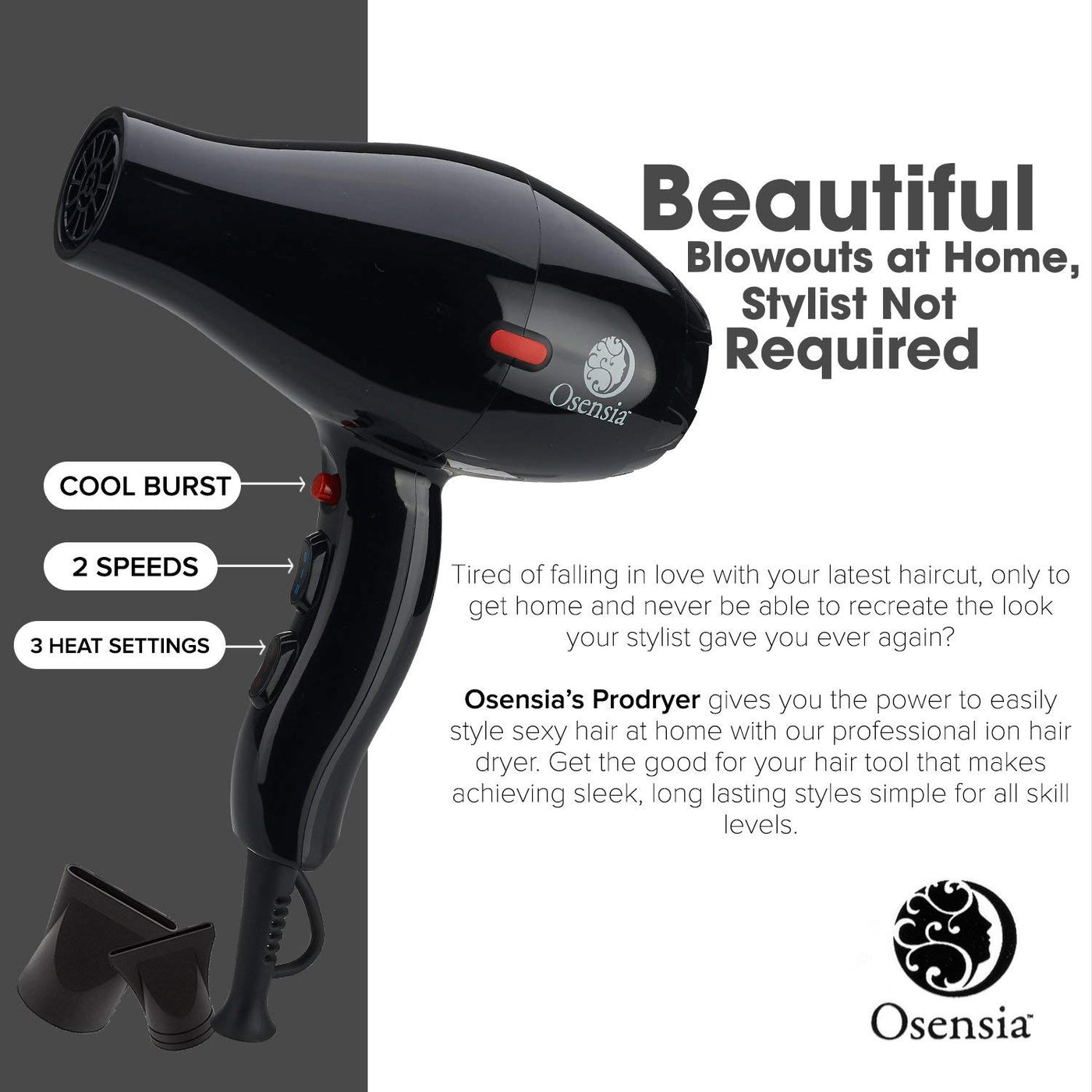 Professional Tourmaline Ionic Ceramic Blow Dryer with 2 Nozzle Attachments